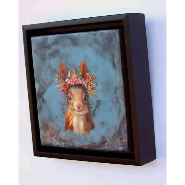 Contemporary Butch (Floriferous Squirrel) by Carrie Goller | Mixed media - oil/encaustic on canvas Squirrel with a flower crown For Sale - Image 3 of 5