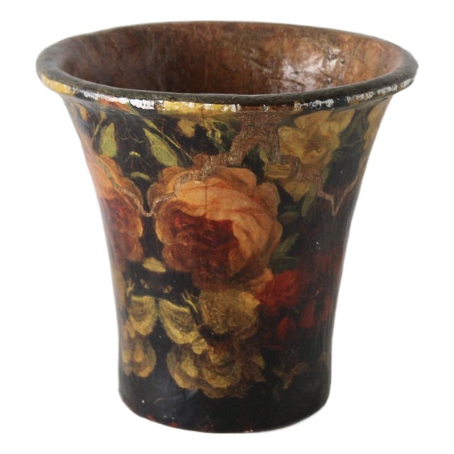 Pulvermacher Style Art Nouveau Paper Mache Floral Decoupage Cachepot Wastebasket Vintage For Sale
