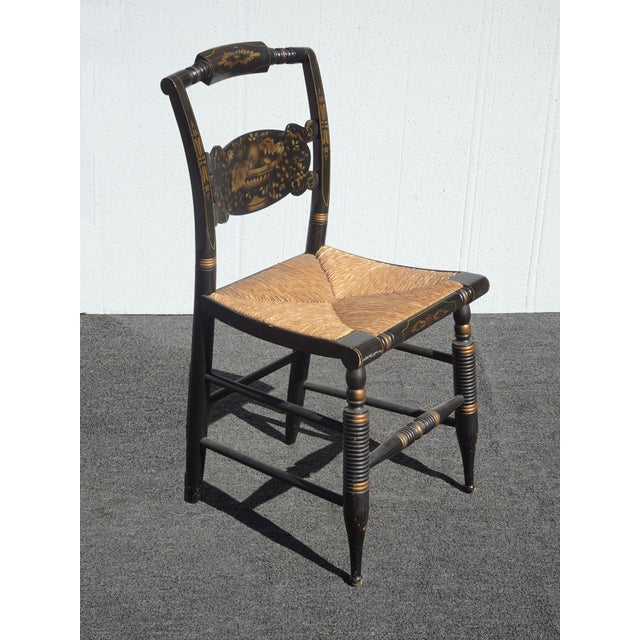 French Country Vintage L. Hitchcock French Country Black Turtle Back Rush Seat Chair Stenciled For Sale - Image 3 of 17