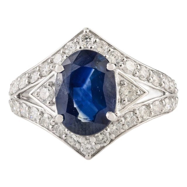 1920s Style 2.6 Ct Deep Blue Sapphire Art Deco Diamond Ring Size 5 in 14k White Gold For Sale