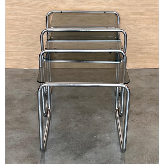 Mid 20th Century Cantilevered Chrome & Glass Nesting Tables with Fume Glasses For Sale - Image 4 of 18