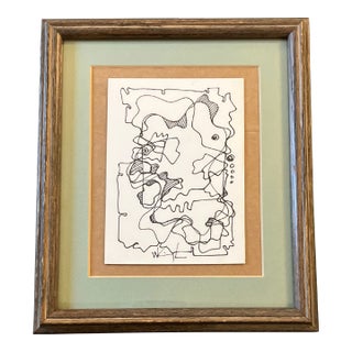 1980’s Original Wayne Cunningham Small Abstract Ink Drawing Vintage Frame Signed For Sale