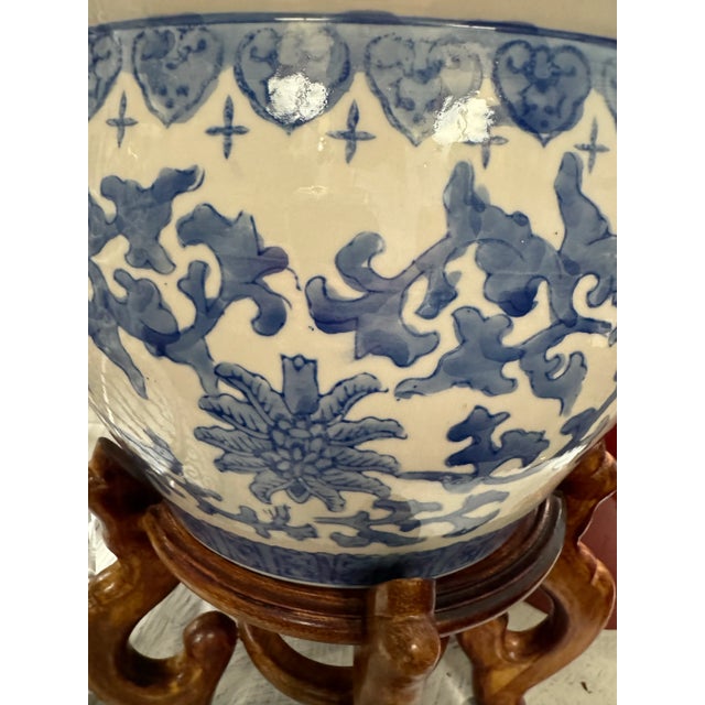 Blue and white hand decorated with botanical motif, 1970s, Chinoiserie Export ironstone large Koi fish bowl , planter,...