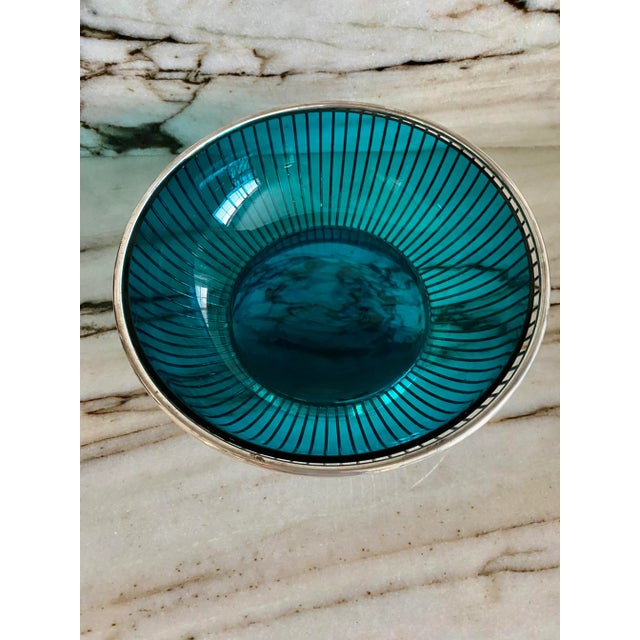 Extremely beautiful Italian Midcentury style silver plated handblown teal glass insert silver plated bowl. Gorham. Made in...