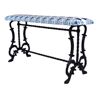 Antique Cast Iron Window Bench, Victorian, Ikat Upholstery, Usa For Sale