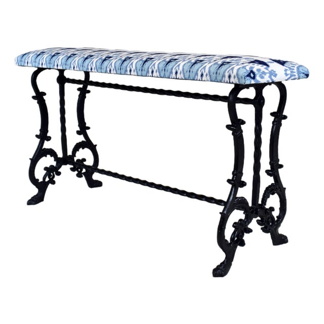 Antique Cast Iron Window Bench, Victorian, Ikat Upholstery, Usa For Sale