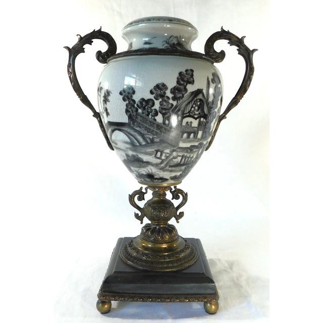 Mid Century Black & White Porcelain Bronze & Marble Pedestal Urn Vase For Sale - Image 12 of 12