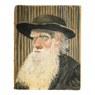 Captivating Bearded Man With Hat Antique Oil Painting Rustic Home Decor For Sale