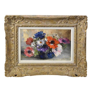 Georges Danset, Anemones and Daisies, Oil on Canvas, Early 20th Century, Framed For Sale