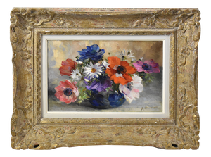 Georges Danset, Anemones and Daisies, Oil on Canvas, Early 20th Century, Framed