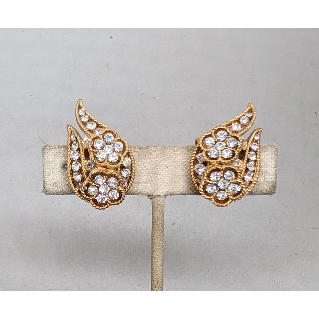 Metal Vintage Signed Crown Trifari Goldtone Clear Rhinestone Flower Clip Earrings-2 Pieces For Sale - Image 7 of 7