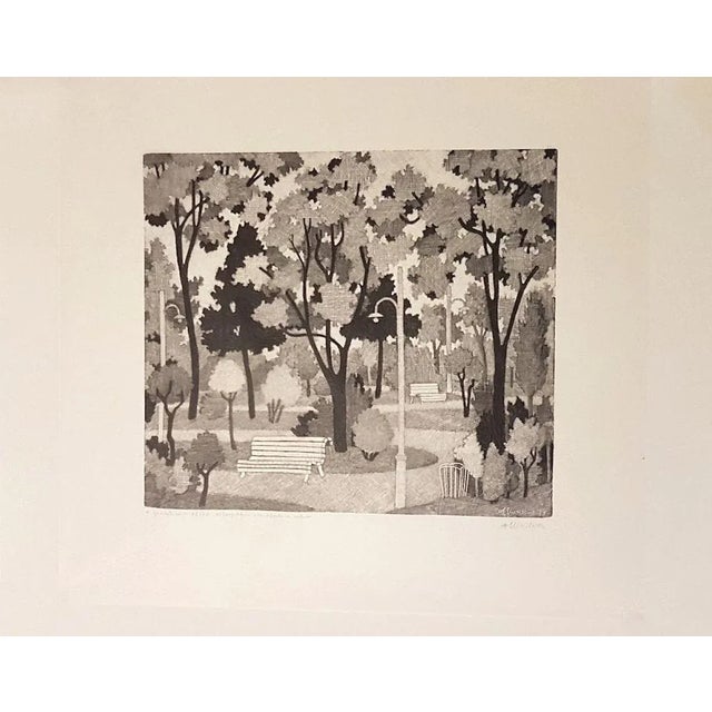Image dimensions: 28 x 33 cm. Fine xilograph hand-printed on tissue-paper, representing a garden. Hand-signed with pencil...