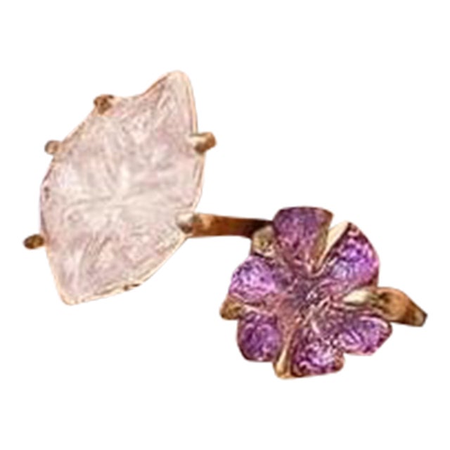 Bochic "Orient" Vintage Carved Pink Quartz & Amethyst Ring Set In 18K Gold & Silver For Sale