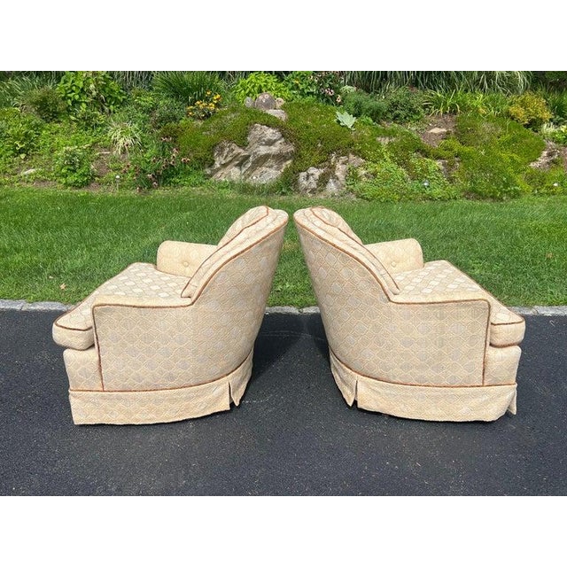 Cream Pair of Tufted Button Back Swivel Chairs in a Cream Color With Brown Piping For Sale - Image 8 of 18