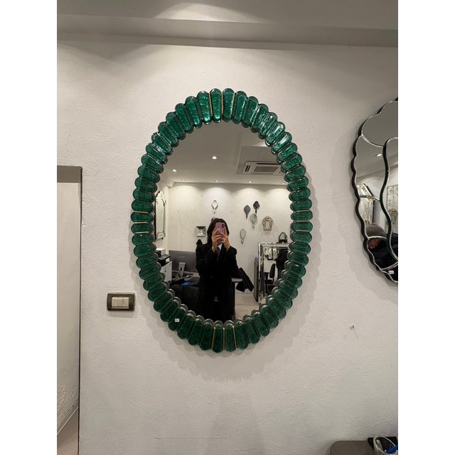 2020s Italian Original Murano Glass | Oval Mirror With Green Frame and Brass Details | Biscuits For Sale - Image 5 of 5
