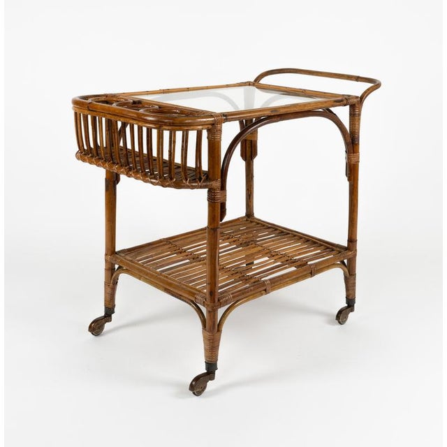 Mid-Century Bamboo, Rattan and Glass Serving Bar Cart in the style of Franco Albini, Italy, 1960s For Sale - Image 6 of 18