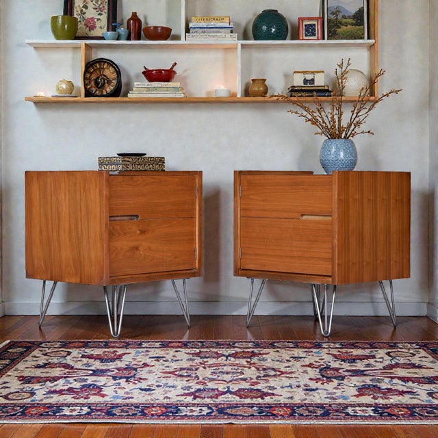 Mid-Century Modern 1950s Pair of Mid-Century Modern Walnut Nightstand Cabinets on Hairpin Legs For Sale - Image 3 of 11