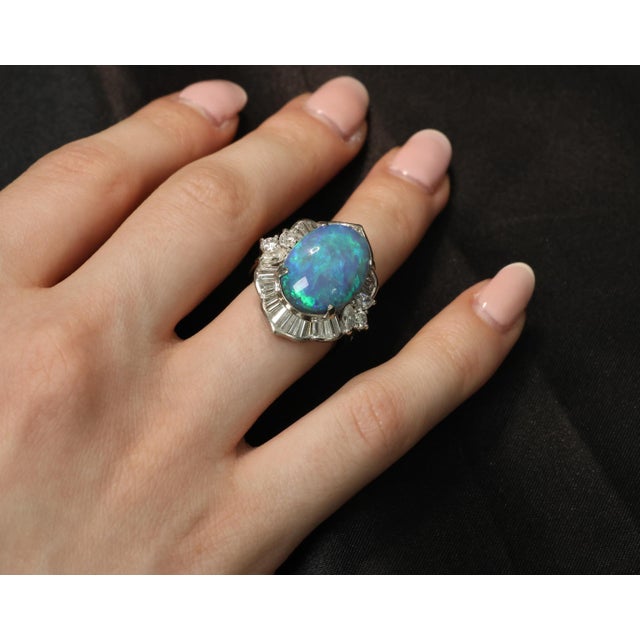 Late 20th Century Fine 7.41ct Natural Untreated Black Opal 2.06ct Diamond Platinum Ring Size 6 For Sale - Image 16 of 18