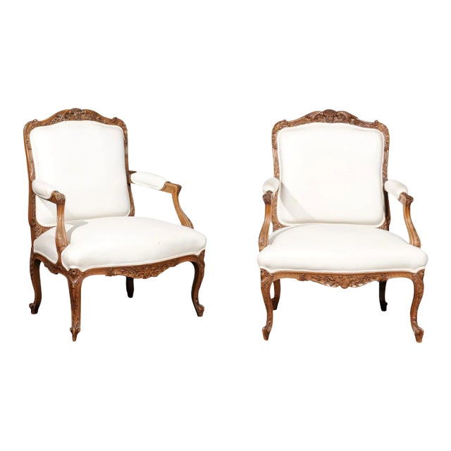 Italian 19th Century Rococo Style Carved Walnut Upholstered Armchairs - A Pair For Sale