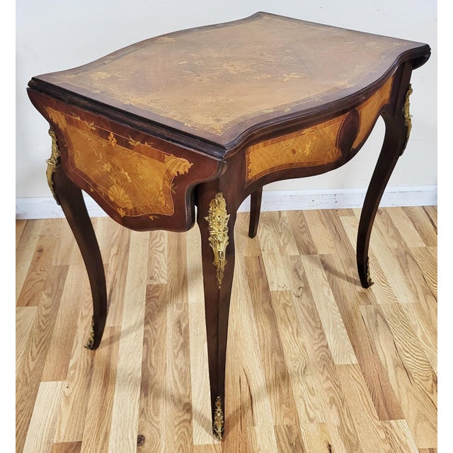 Antique American Made French Louis XV Marquetry Drop Leaf Center Table Desk For Sale - Image 4 of 18