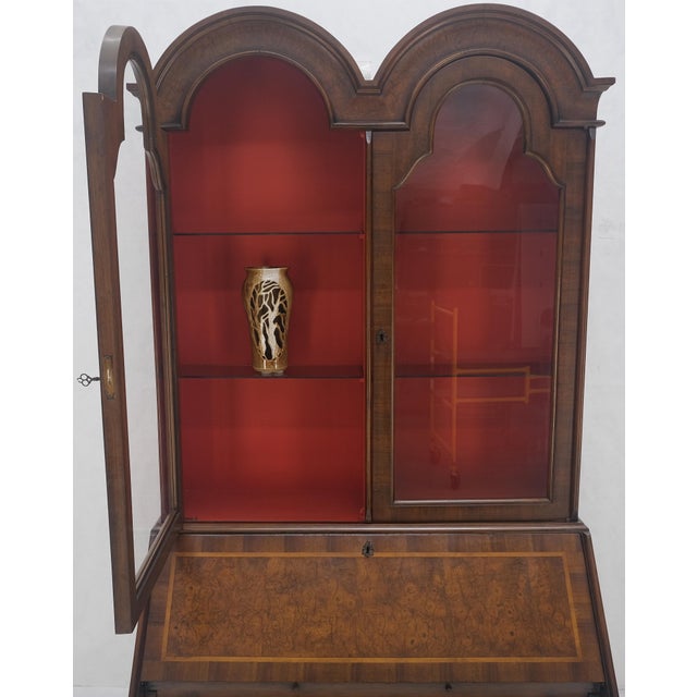 Brown Double Bonnet Dome Top Burl Wood 3 Drawer Drop Front Secretary Desk 1900s Clean! For Sale - Image 8 of 17