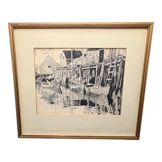 Original 1939 Leo Meissner Signed Pen & Ink Harbor Scene, Framed Nautical Drawing For Sale