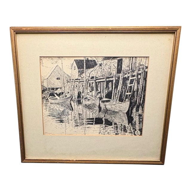 Original 1939 Leo Meissner Signed Pen & Ink Harbor Scene, Framed Nautical Drawing For Sale
