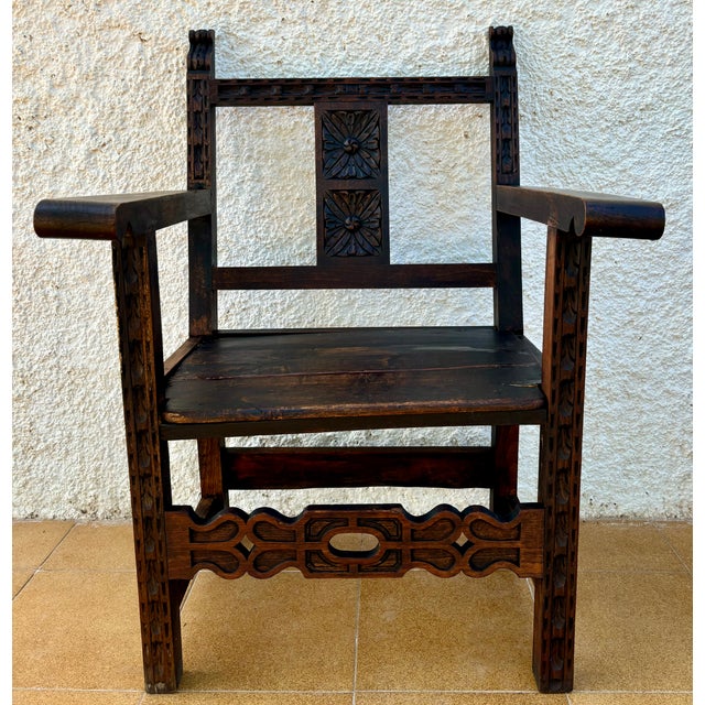 Set of 19th Century Spanish Colonial Carved Altar Armchairs with Wooden Seats For Sale - Image 4 of 18