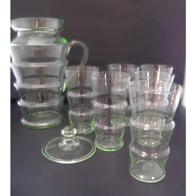 Antique Art Deco Dunbar Green Uranium Glass Pitcher 6 Tumblers Large 8pc Set For Sale In Wichita - Image 6 of 18
