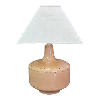 Mid Century Beige Ceramic Lamp With Hole Perforations, Nice Form, Signed For Sale
