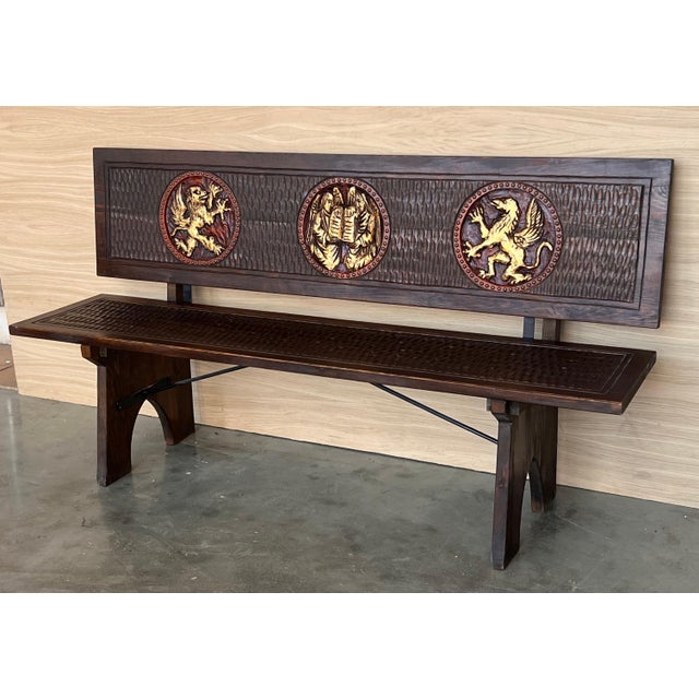 Renaissance 20th Century Spanish Renaissance Carved Walnut Bench Banquette "Escaño" For Sale - Image 3 of 18