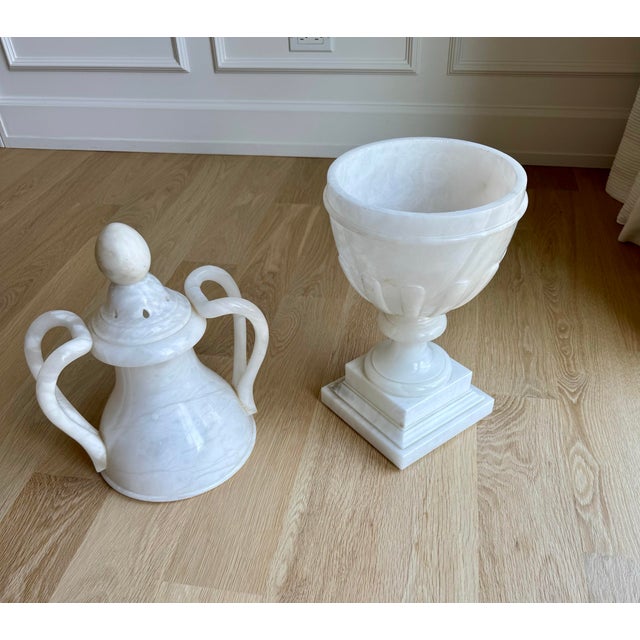Stone Monumental Hand-Carved Italian Neoclassical Alabaster Lidded Vessel, 29.5”, 2nd Quarter 20th Century For Sale - Image 7 of 12