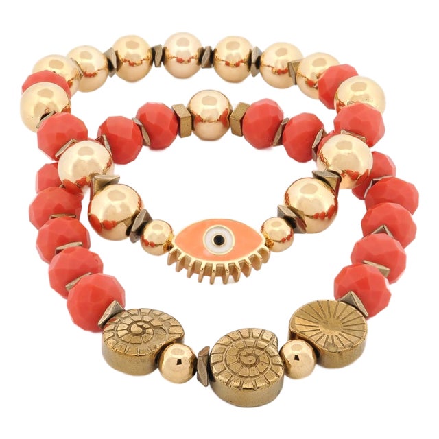 Evil Eye & Shell Symbol Gold Beaded Protection Bracelet Set For Sale