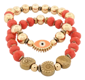 Evil Eye & Shell Symbol Gold Beaded Protection Bracelet Set