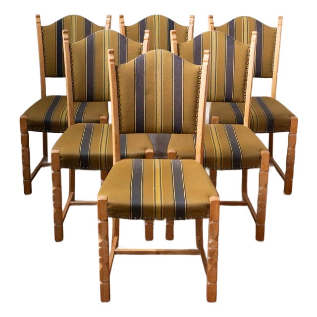 Set of Six Danish Modern Oak and Wool Dining Chairs in the Manner of Henning Kjærnulf, 1970s For Sale
