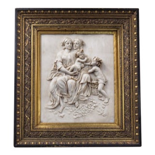 Vintage Classical Figural Relief Plaque in Ornate Black & Gold Frame – Mother & Cherubs For Sale