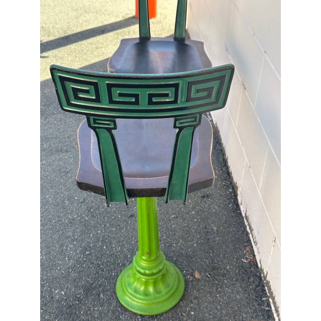 A Pair of Early 20th-Century Cast Iron Soda Fountain Swivel Stools With Greek Key Backs. For Sale - Image 18 of 18
