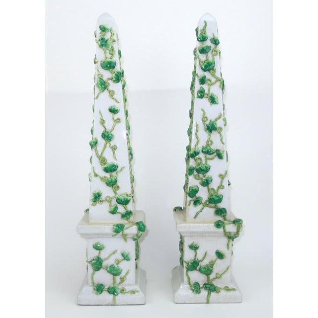 Chinoiserie Vintage Chinese Ceramic Garden Ivy Obelisks, a Pair For Sale - Image 3 of 12