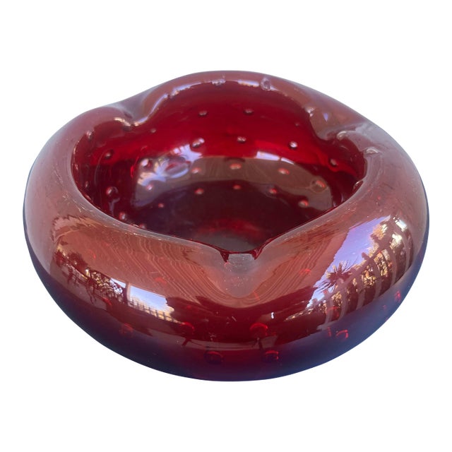 Large Handblown Ruby Red Controlled Bubble Glass Ashtray / Art Glass Catchall Bowl For Sale