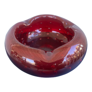 Large Handblown Ruby Red Controlled Bubble Glass Ashtray / Art Glass Catchall Bowl