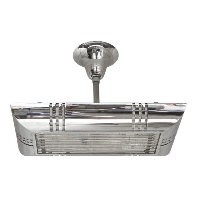 Mid 20th Century French Modernist Art Deco Billiard Chandelier Highly Polished Nickel & GlassRods For Sale
