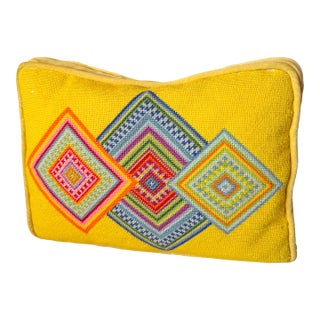 1970s Bright Yellow Geometric Needlepoint and Velvet Pillow For Sale