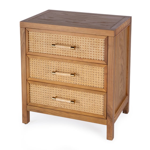 Modern Mesa 25 in. W Rectangular Cane and Solid Wood 3 Drawer Nightstand, Natural & Cane For Sale - Image 3 of 11