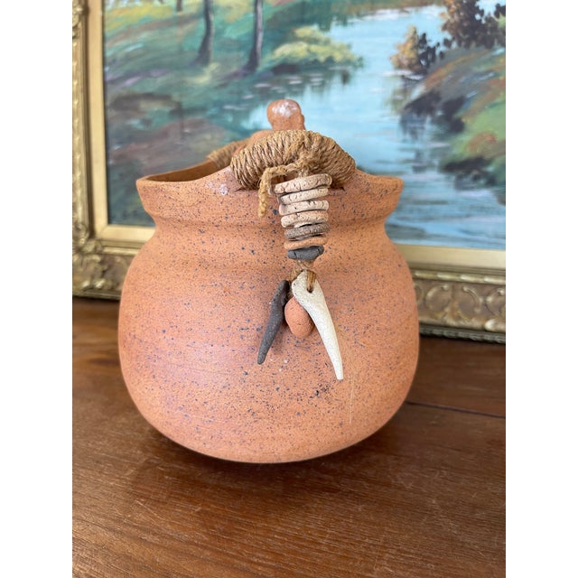 Mid-Century Modern 1970s Handmade Indonesian Terracotta Lidded Jar With Beaded Raffia Accents and Seated Figure Finial For Sale - Image 3 of 9