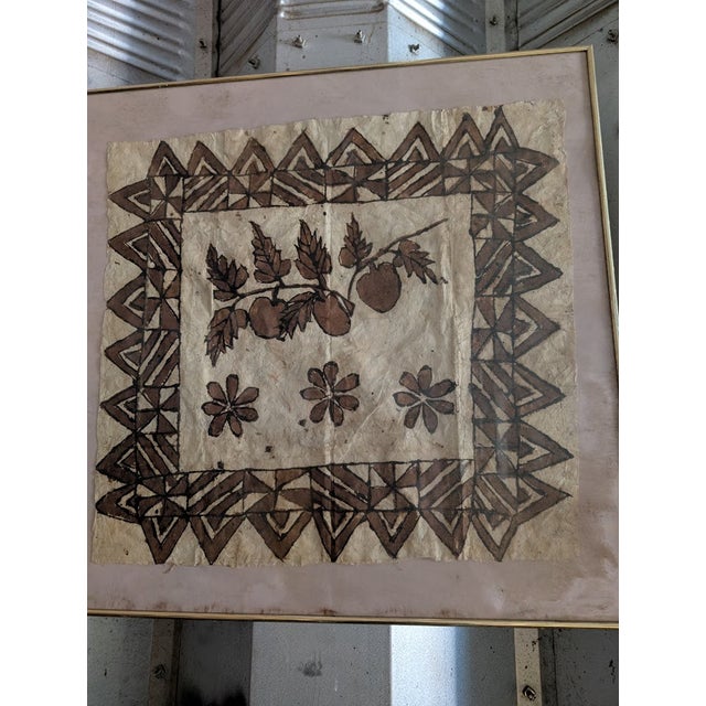 Tribal Vintage Framed Pacific Island Tapa Cloth | Hand-Stenciled Geometric Bark Cloth With Fruit & Floral Motif For Sale - Image 3 of 5