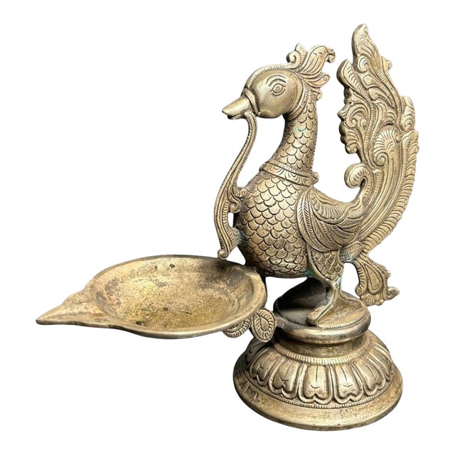 Mid Century Indian Brass Tin Ceremonial Oil Lamp Swan Bird Yali, South India Hand Made For Sale