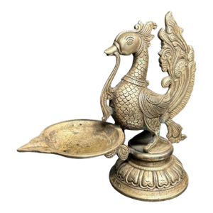 Mid Century Indian Brass Tin Ceremonial Oil Lamp Swan Bird Yali, South India Hand Made
