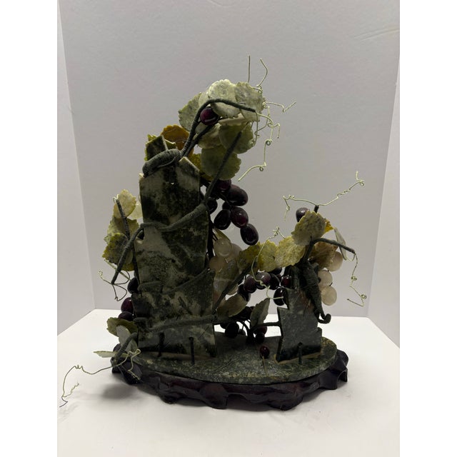 Vintage Chinoiserie Asian Hardstone Grape Vine Sculpture on Carved Wood Base Statement Sculpture For Sale - Image 4 of 12