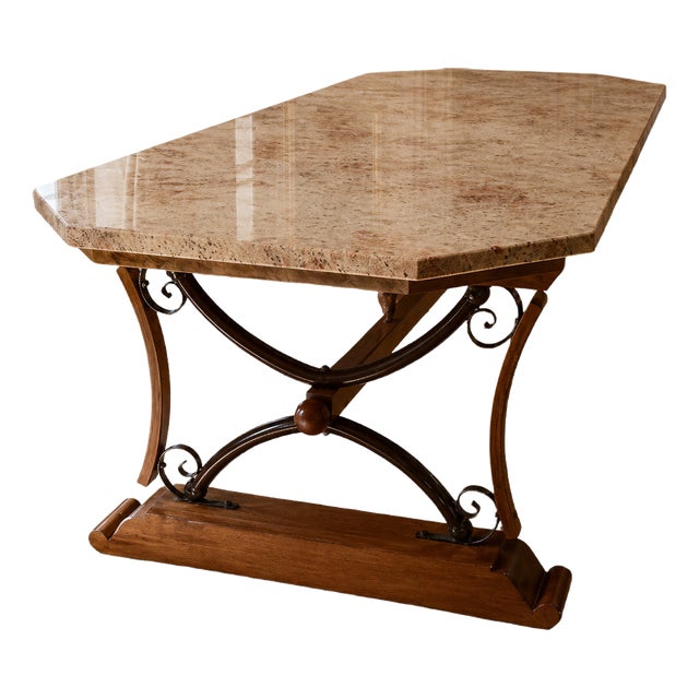 Large Granite Dining Table on an Oak and Wrought Iron Base, 1950s For Sale