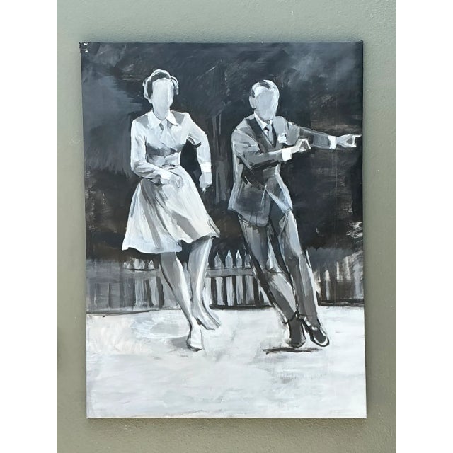 This striking black and white dance portrait captures two figures in fluid motion, rendered in acrylic on canvas with a...